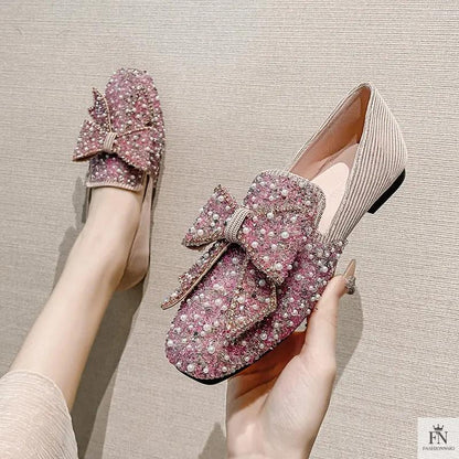 Rhinestone Embroidered Pearl Bow Flats - Fashionnsio