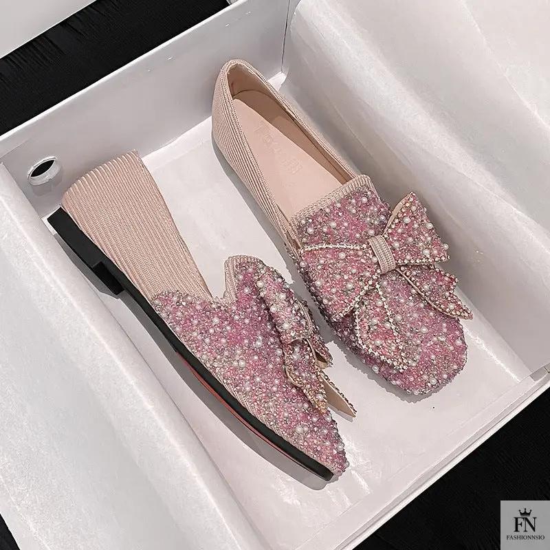 Rhinestone Embroidered Pearl Bow Flats - Fashionnsio