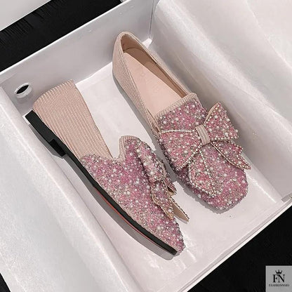 Rhinestone Embroidered Pearl Bow Flats - Fashionnsio