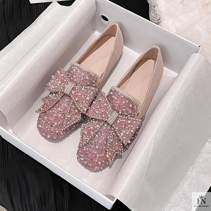 Rhinestone Embroidered Pearl Bow Flats - Fashionnsio