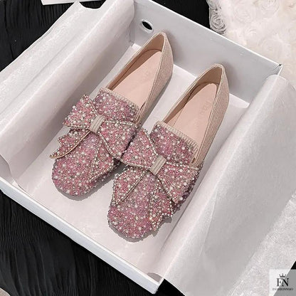Rhinestone Embroidered Pearl Bow Flats - Fashionnsio