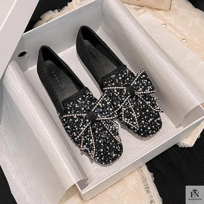 Rhinestone Embroidered Pearl Bow Flats - Fashionnsio