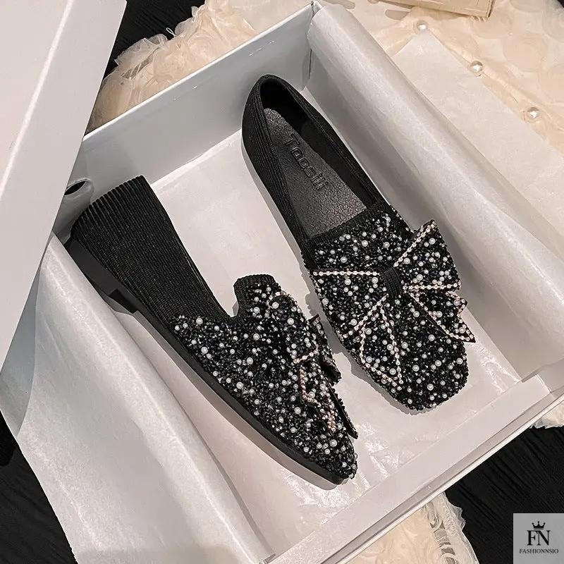 Rhinestone Embroidered Pearl Bow Flats - Fashionnsio