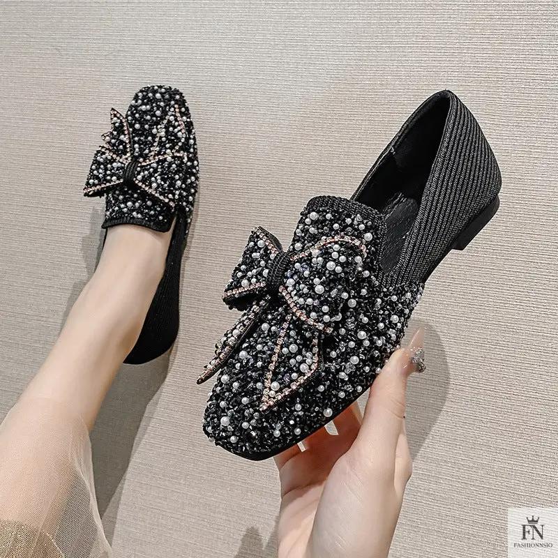 Rhinestone Embroidered Pearl Bow Flats - Fashionnsio