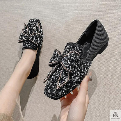 Rhinestone Embroidered Pearl Bow Flats - Fashionnsio