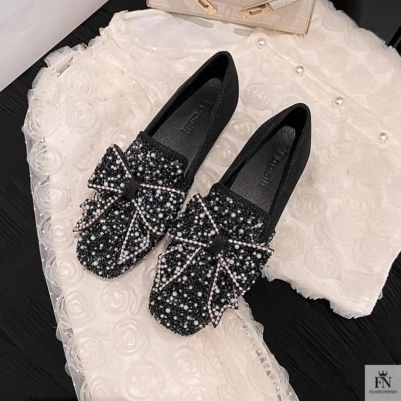 Rhinestone Embroidered Pearl Bow Flats - Fashionnsio