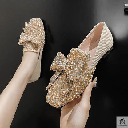 Rhinestone Embroidered Pearl Bow Flats - Fashionnsio