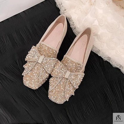 Rhinestone Embroidered Pearl Bow Flats - Fashionnsio