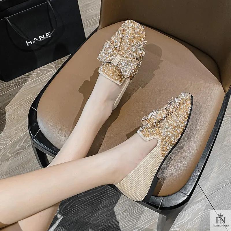 Rhinestone Embroidered Pearl Bow Flats - Fashionnsio