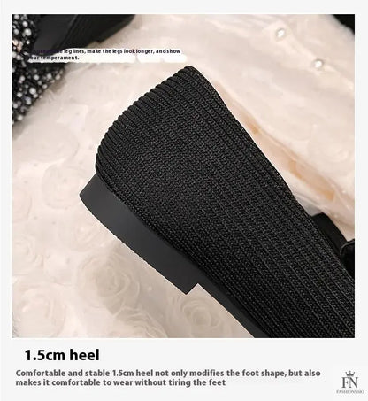 Rhinestone Embroidered Pearl Bow Flats - Fashionnsio
