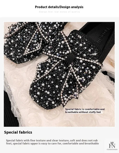 Rhinestone Embroidered Pearl Bow Flats - Fashionnsio