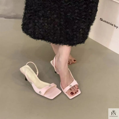 Rhinestone Flower Square Toe Heels - Fashionnsio