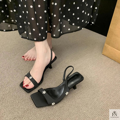 Rhinestone Flower Square Toe Heels - Fashionnsio