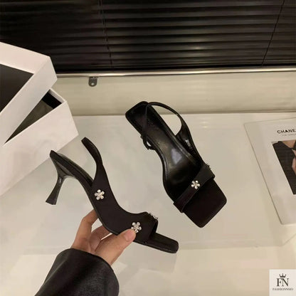 Rhinestone Flower Square Toe Heels - Fashionnsio