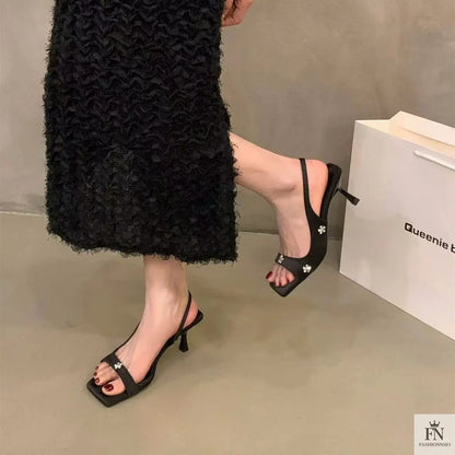 Rhinestone Flower Square Toe Heels - Fashionnsio
