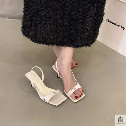 Rhinestone Flower Square Toe Heels - Fashionnsio