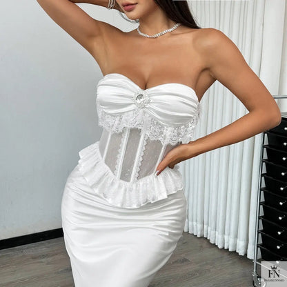 Rhinestone Lace Pleated Crop Top - Fashionnsio