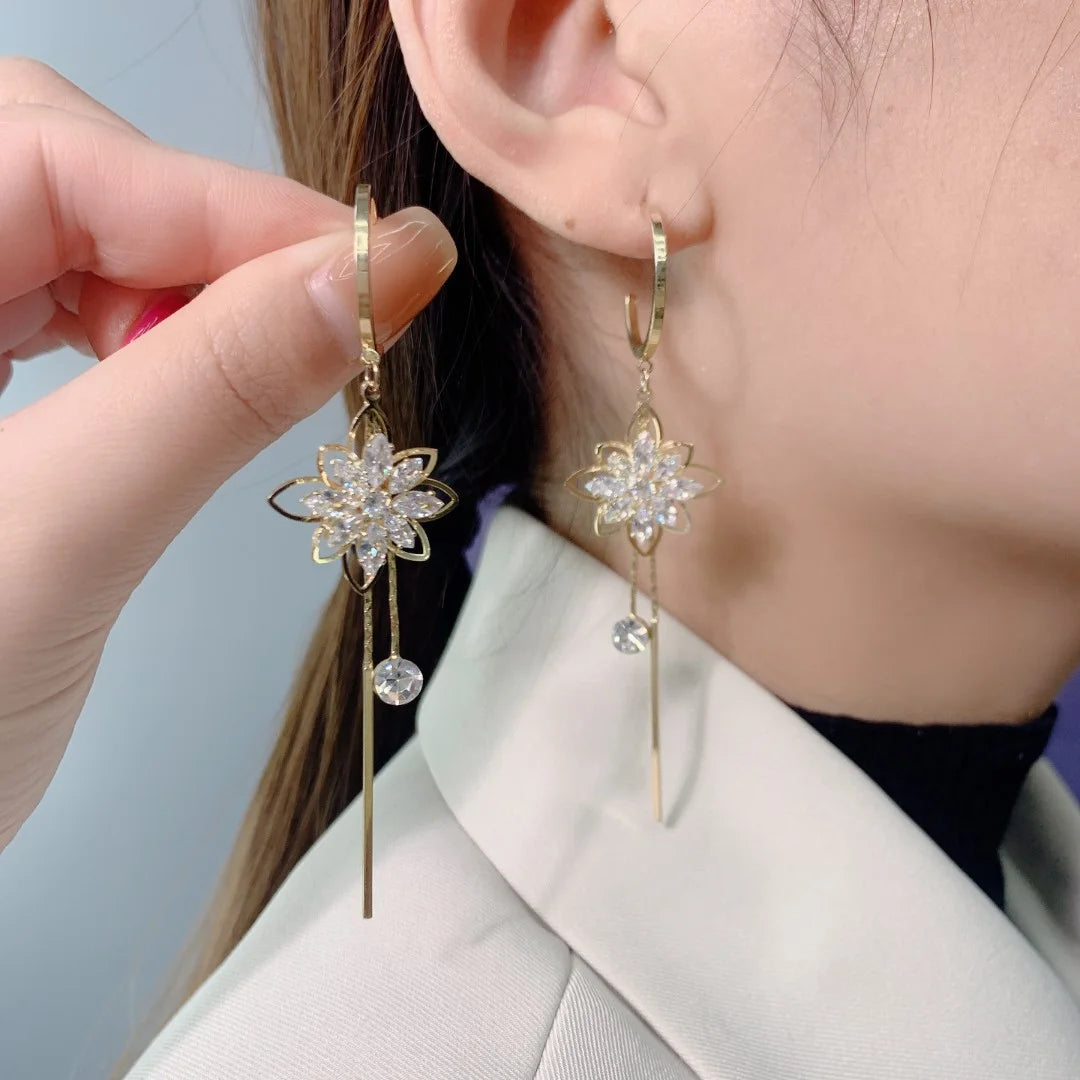 Crystal Flower Tassel Drop Earrings fashionnsio