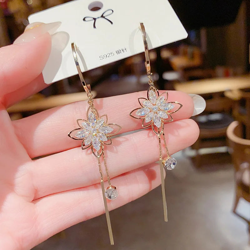 Crystal Flower Tassel Drop Earrings fashionnsio