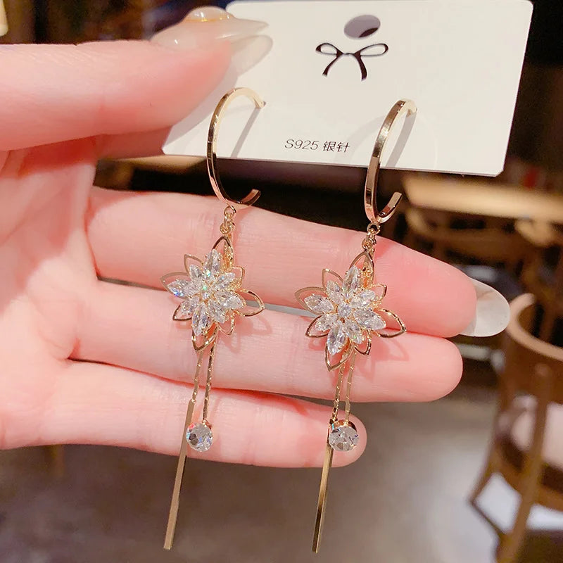 Crystal Flower Tassel Drop Earrings fashionnsio