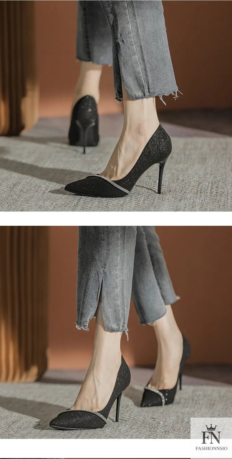 Rhinestone Sparkling Pointed Heels - Fashionnsio