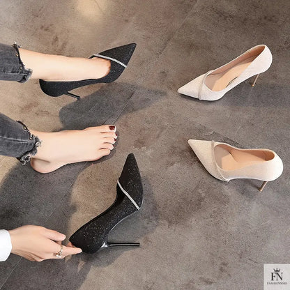 Rhinestone Sparkling Pointed Heels - Fashionnsio