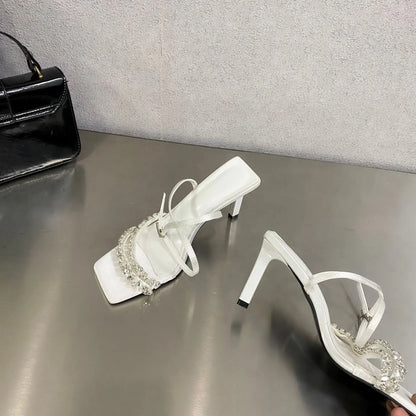 Rhinestone Strap Ankle Strap Heels - Fashionnsio