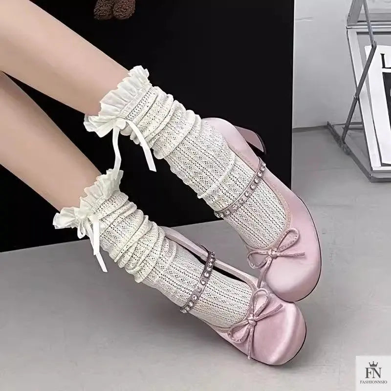 Rhinestone Strap Bow Block Heels - Fashionnsio