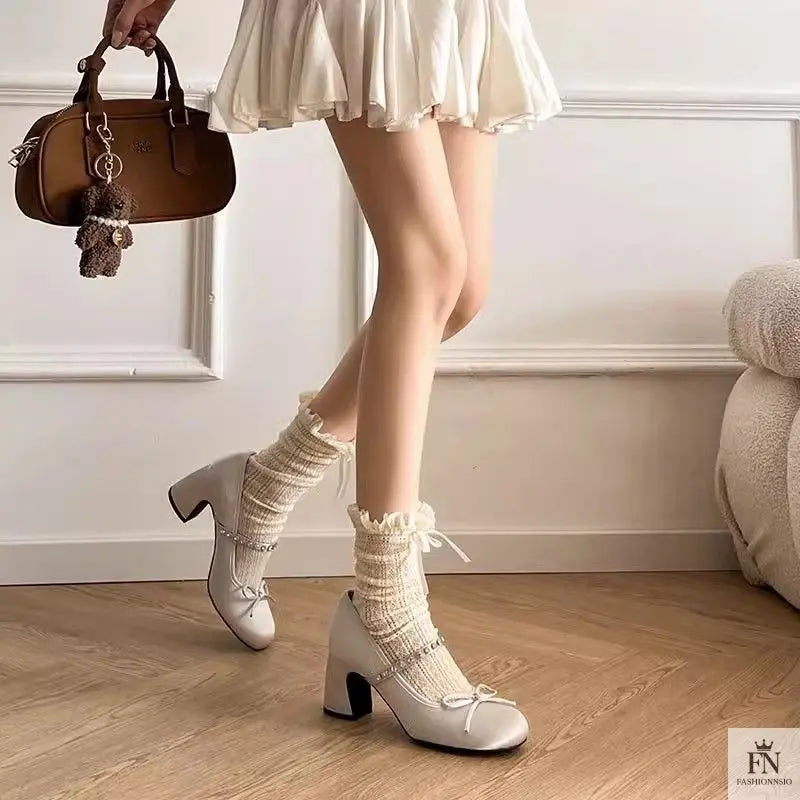 Rhinestone Strap Bow Block Heels - Fashionnsio