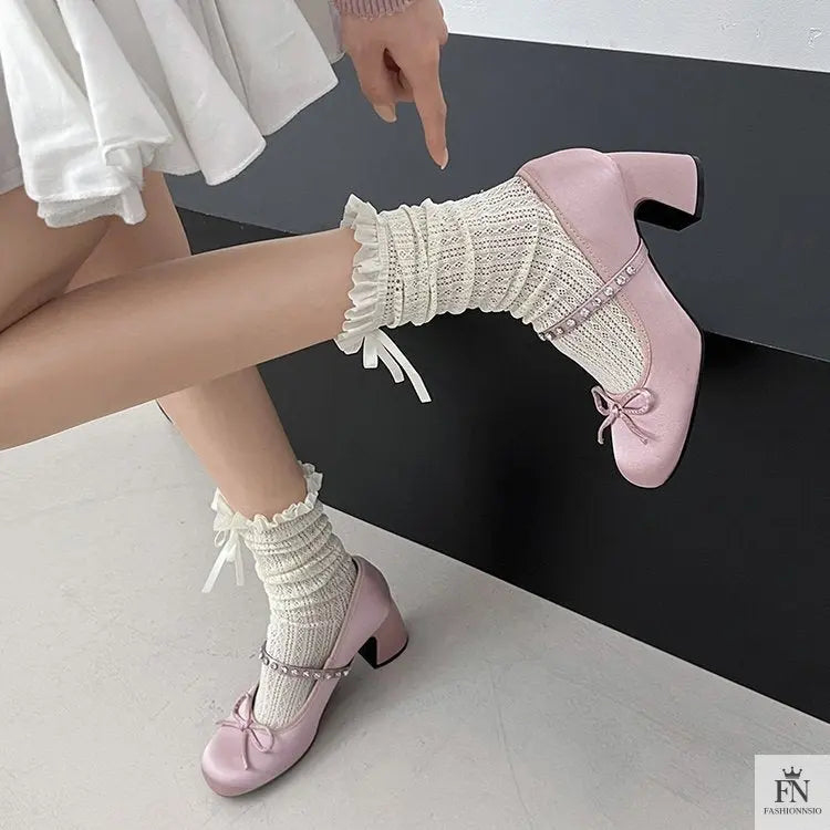 Rhinestone Strap Bow Block Heels - Fashionnsio