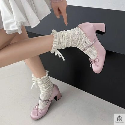 Rhinestone Strap Bow Block Heels - Fashionnsio