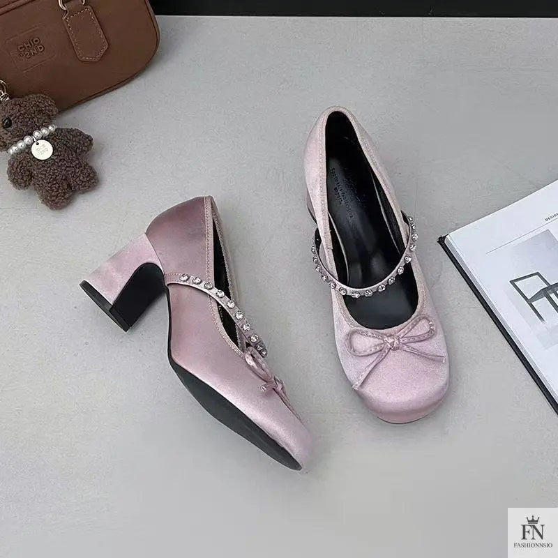 Rhinestone Strap Bow Block Heels - Fashionnsio