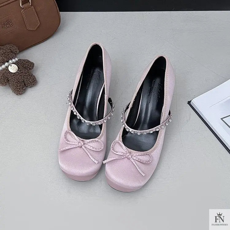 Rhinestone Strap Bow Block Heels - Fashionnsio