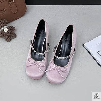 Rhinestone Strap Bow Block Heels - Fashionnsio