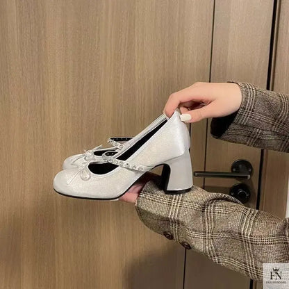 Rhinestone Strap Bow Block Heels - Fashionnsio