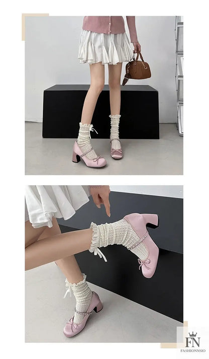 Rhinestone Strap Bow Block Heels - Fashionnsio