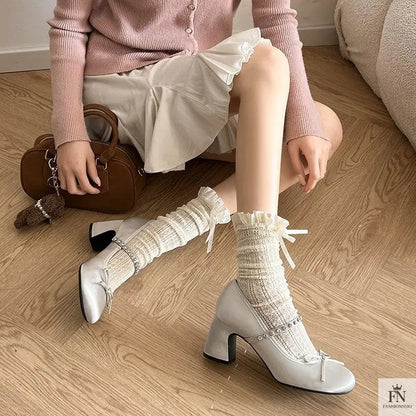 Rhinestone Strap Bow Block Heels - Fashionnsio