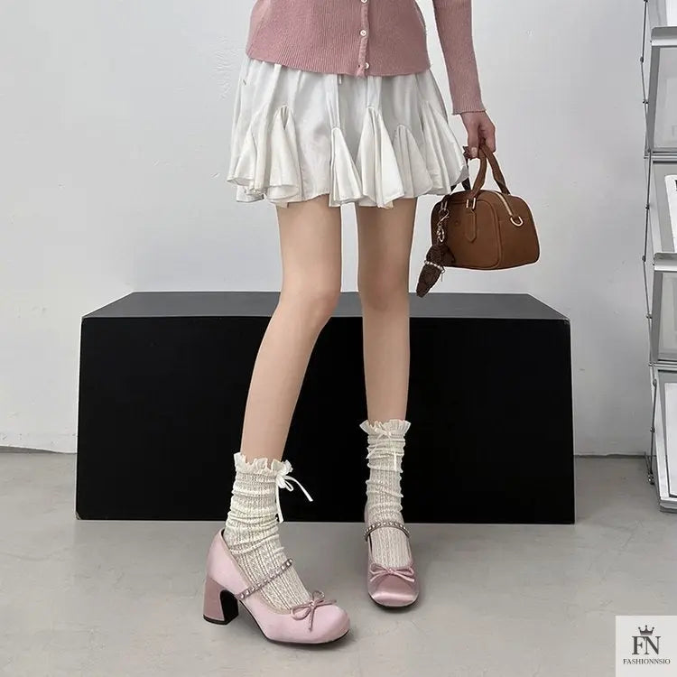 Rhinestone Strap Bow Block Heels - Fashionnsio