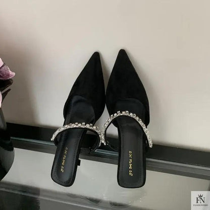 Rhinestone Strap Pointed Heels - Fashionnsio