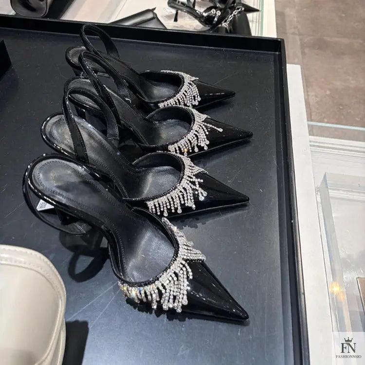 Rhinestone Tassel Pointed Heels - Fashionnsio