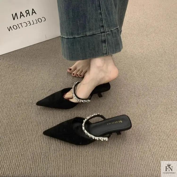 Rhinestone Strap Pointed Heels - Fashionnsio