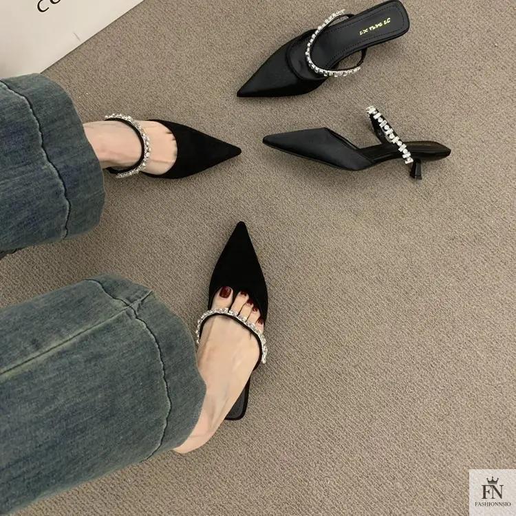 Rhinestone Strap Pointed Heels - Fashionnsio