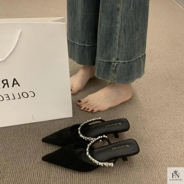 Rhinestone Strap Pointed Heels - Fashionnsio