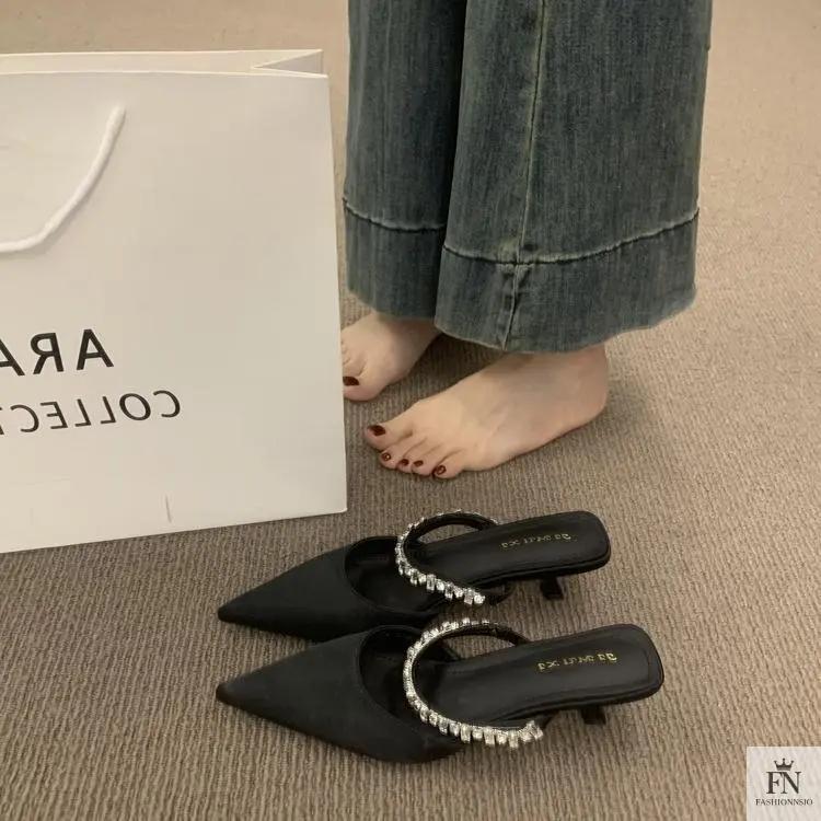 Rhinestone Strap Pointed Heels - Fashionnsio