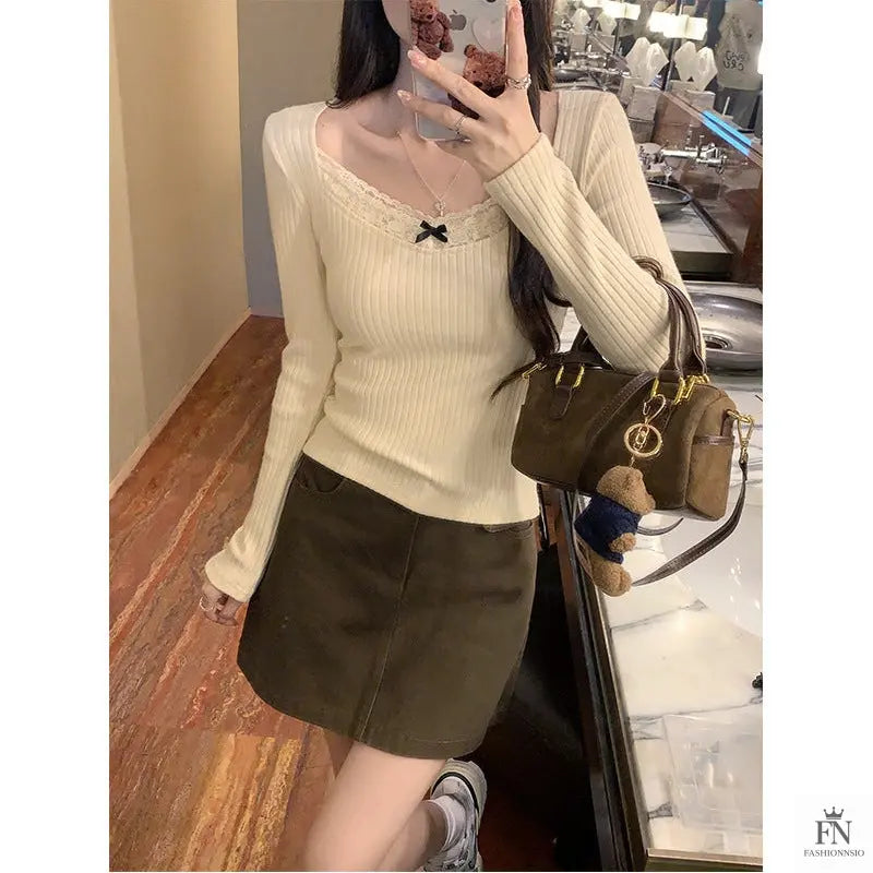 Ribbed Lace Long Sleeve Top - Fashionnsio