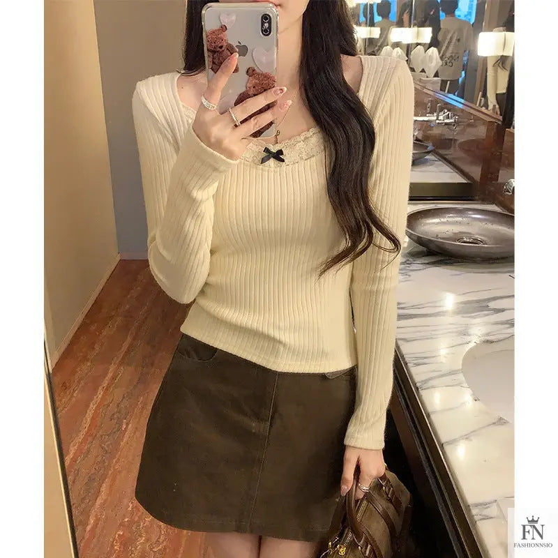 Ribbed Lace Long Sleeve Top - Fashionnsio