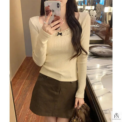 Ribbed Lace Long Sleeve Top - Fashionnsio