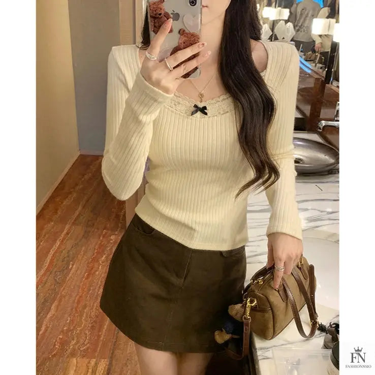 Ribbed Lace Long Sleeve Top - Fashionnsio