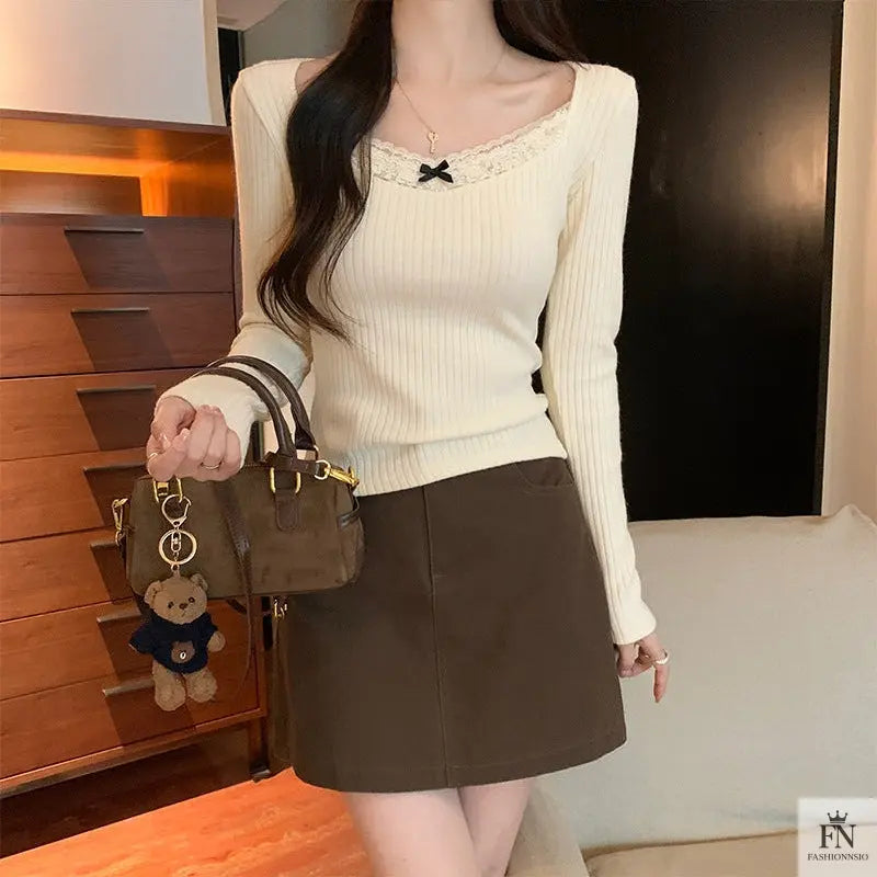 Ribbed Lace Long Sleeve Top - Fashionnsio