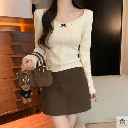 Ribbed Lace Long Sleeve Top - Fashionnsio